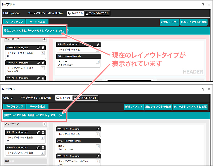 レイアウトタイプの表示