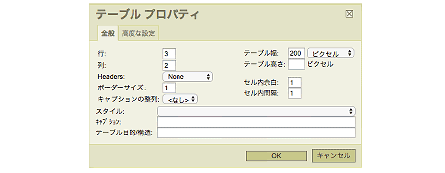 テーブルプロパティダイアログの全般タブ