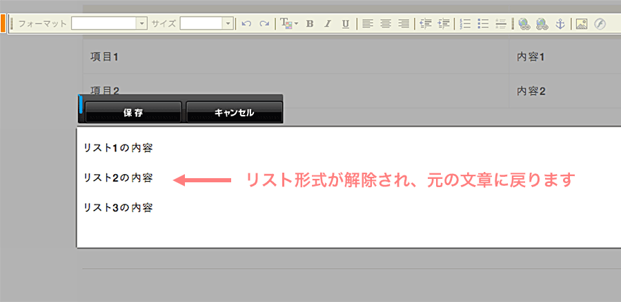 リスト形式が解除され元の文章に戻る