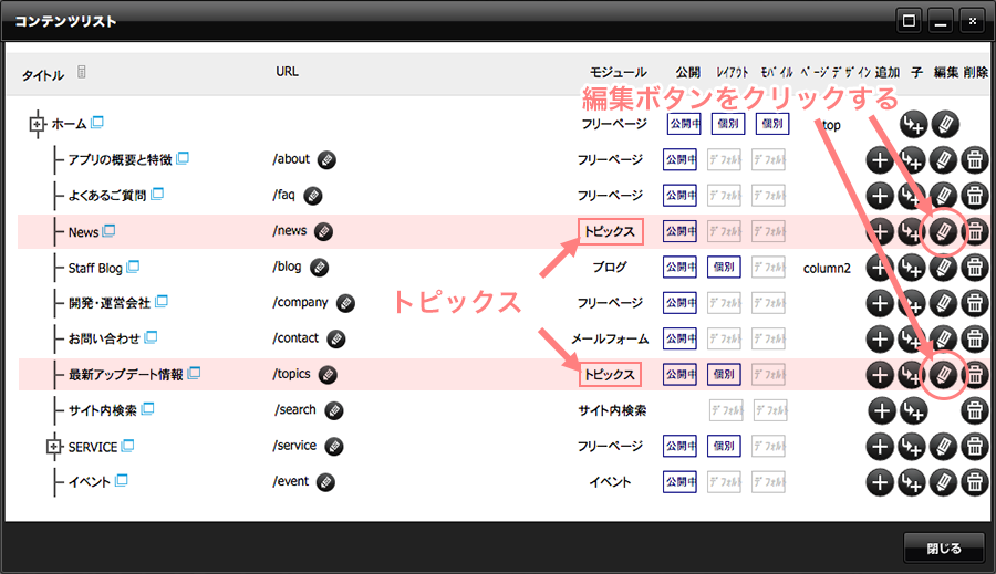 リスト内のトピックスの編集ボタンをクリックする